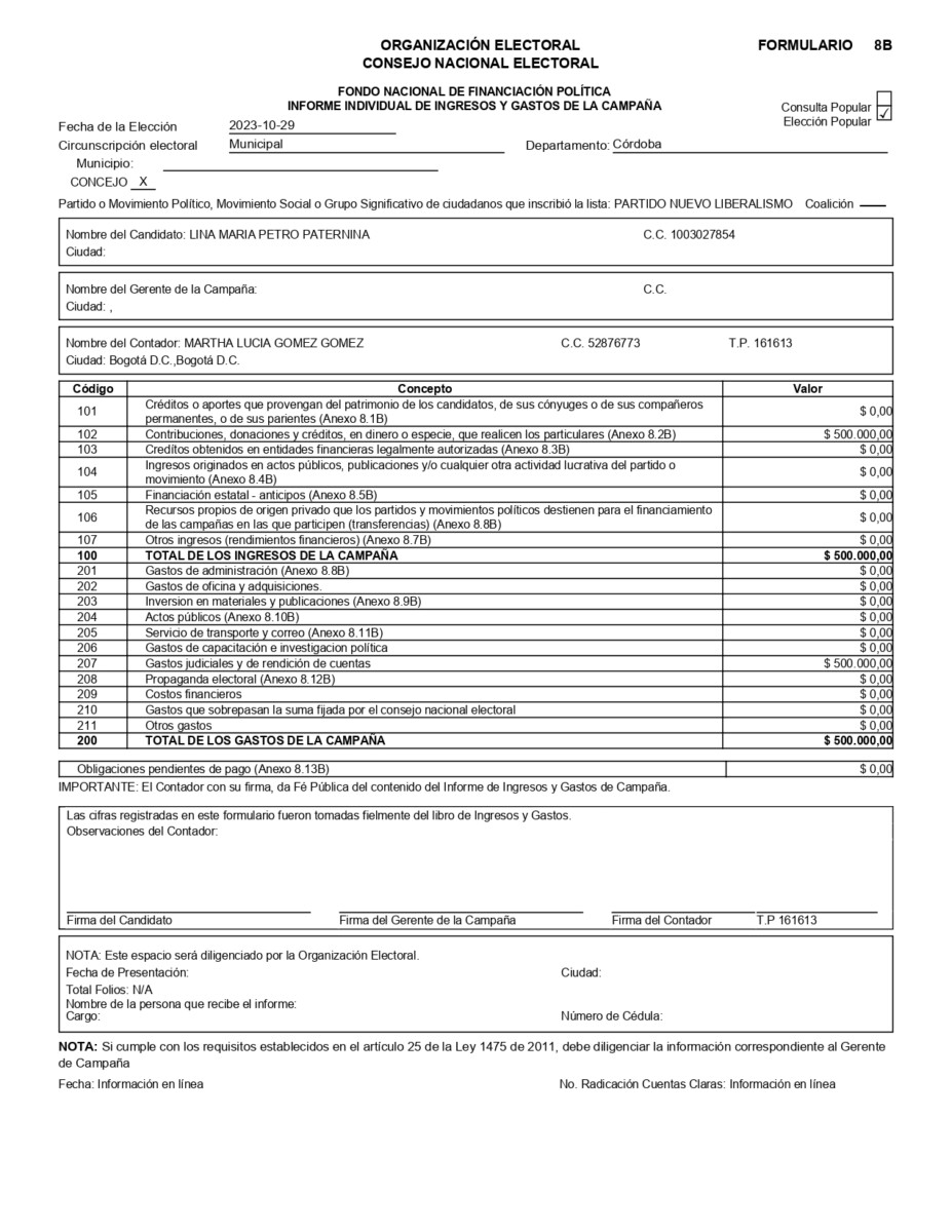 Informe Individual de ingresos y gastos Lina Petro